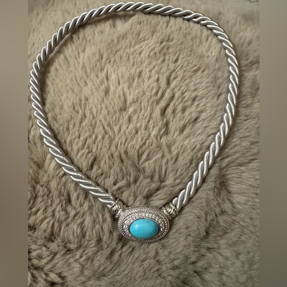 Elegant Judith Ripka Turquoise Sterling Silver Pendant Necklace 17” Silk Cord